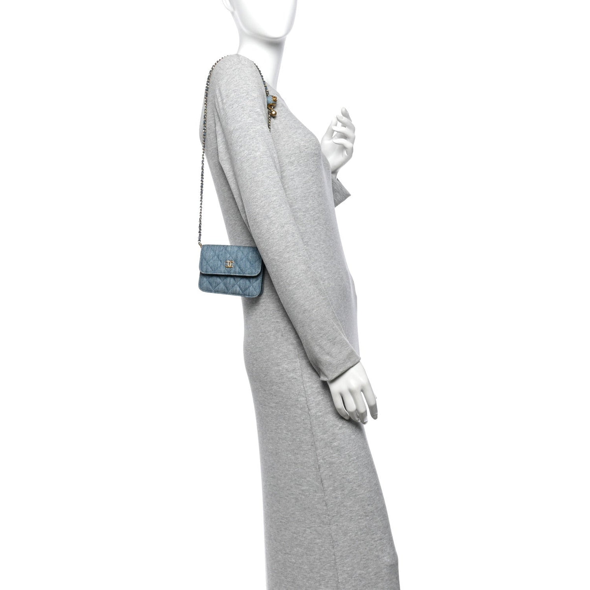 Denim Quilted CC Pearl Crush Clutch With Chain Blue