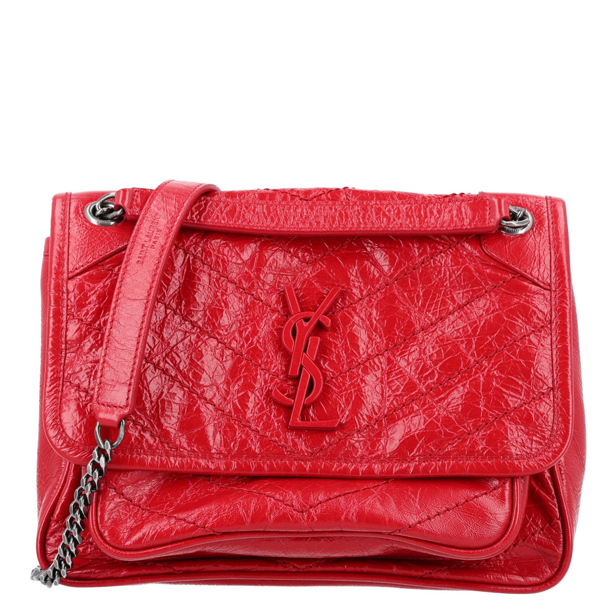 Crinkled Calfskin Matelasse Monogram Baby Niki Chain Satchel Rouge Eros