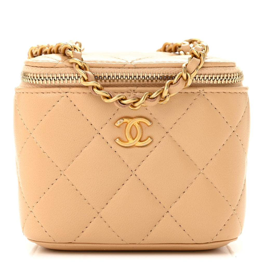Lambskin Quilted Pearl Crush Mini Vanity Case With Chain Beige