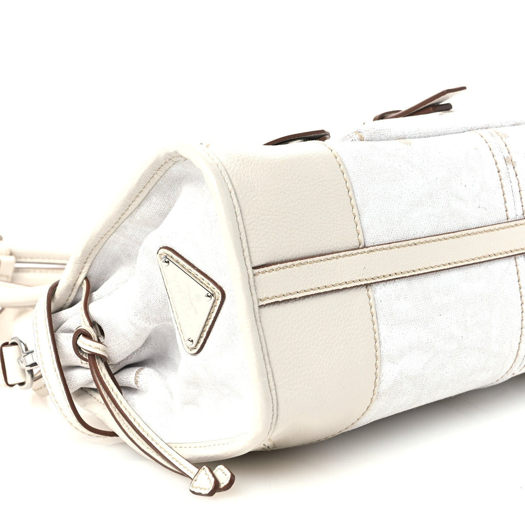 Linen Calfskin Printed Medium Bonnie Shoulder Bag White