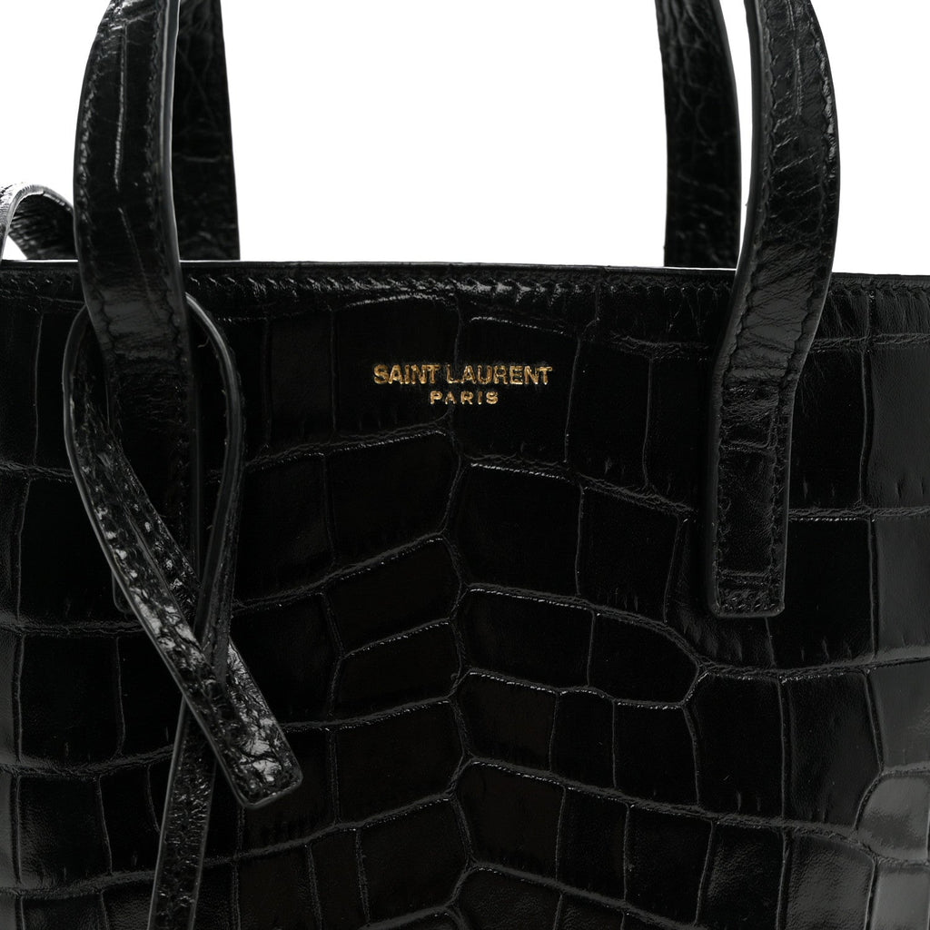 Calfskin Crocodile Embossed Paris Mini Toy Shopper Tote Black