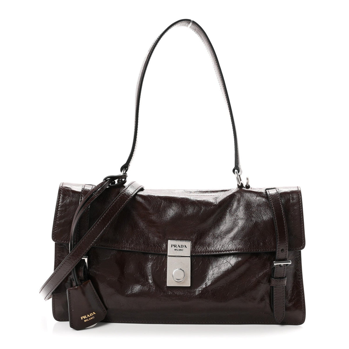 Glossy Calfskin Medium Sound Shoulder Bag Dark Brown