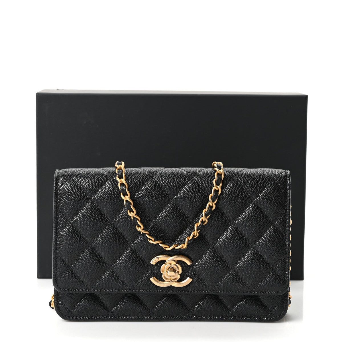 Caviar Quilted Camellia Wallet On Chain WOC Black