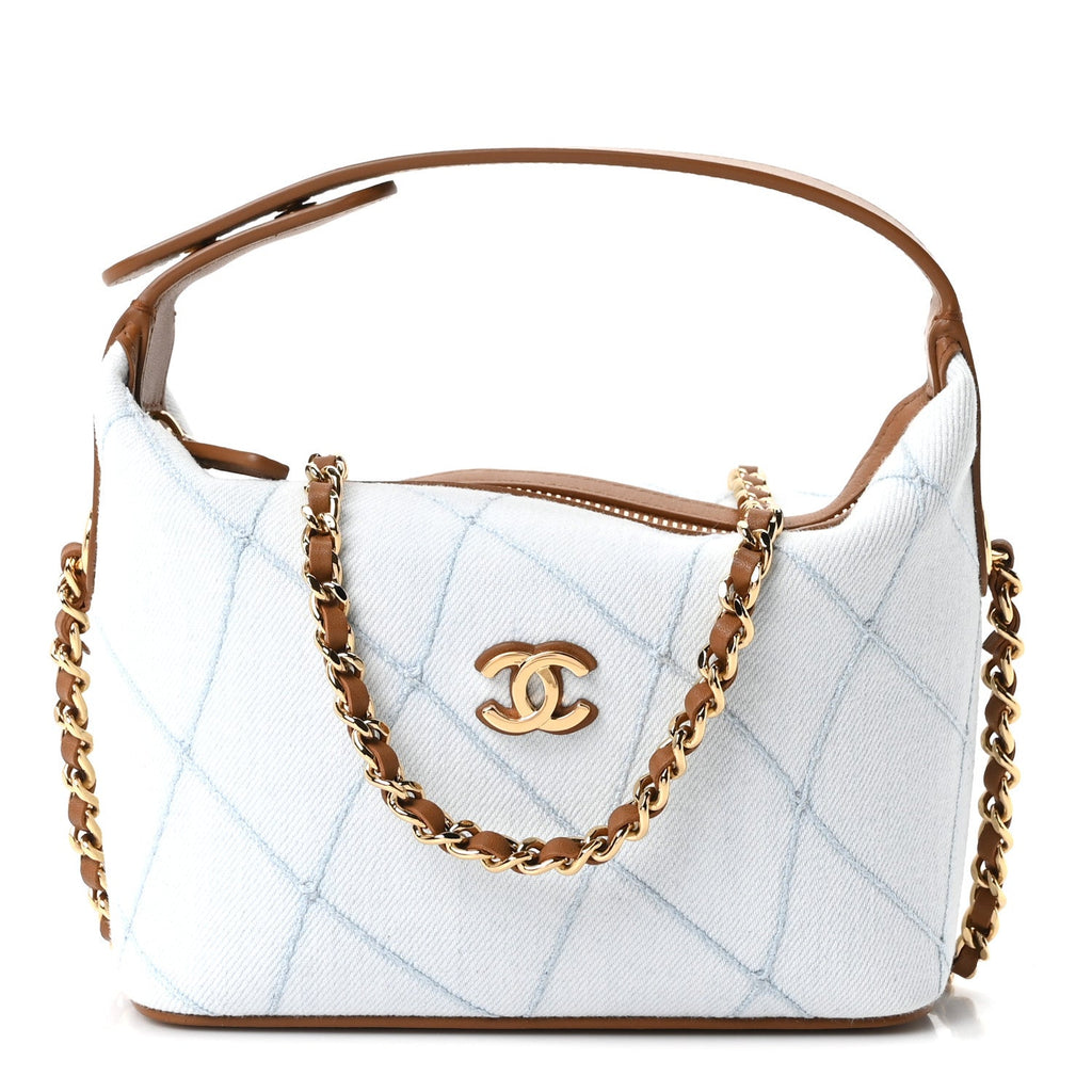 Denim Calfskin Quilted Coco Beach Top Handle Long Vanity Blue Brown