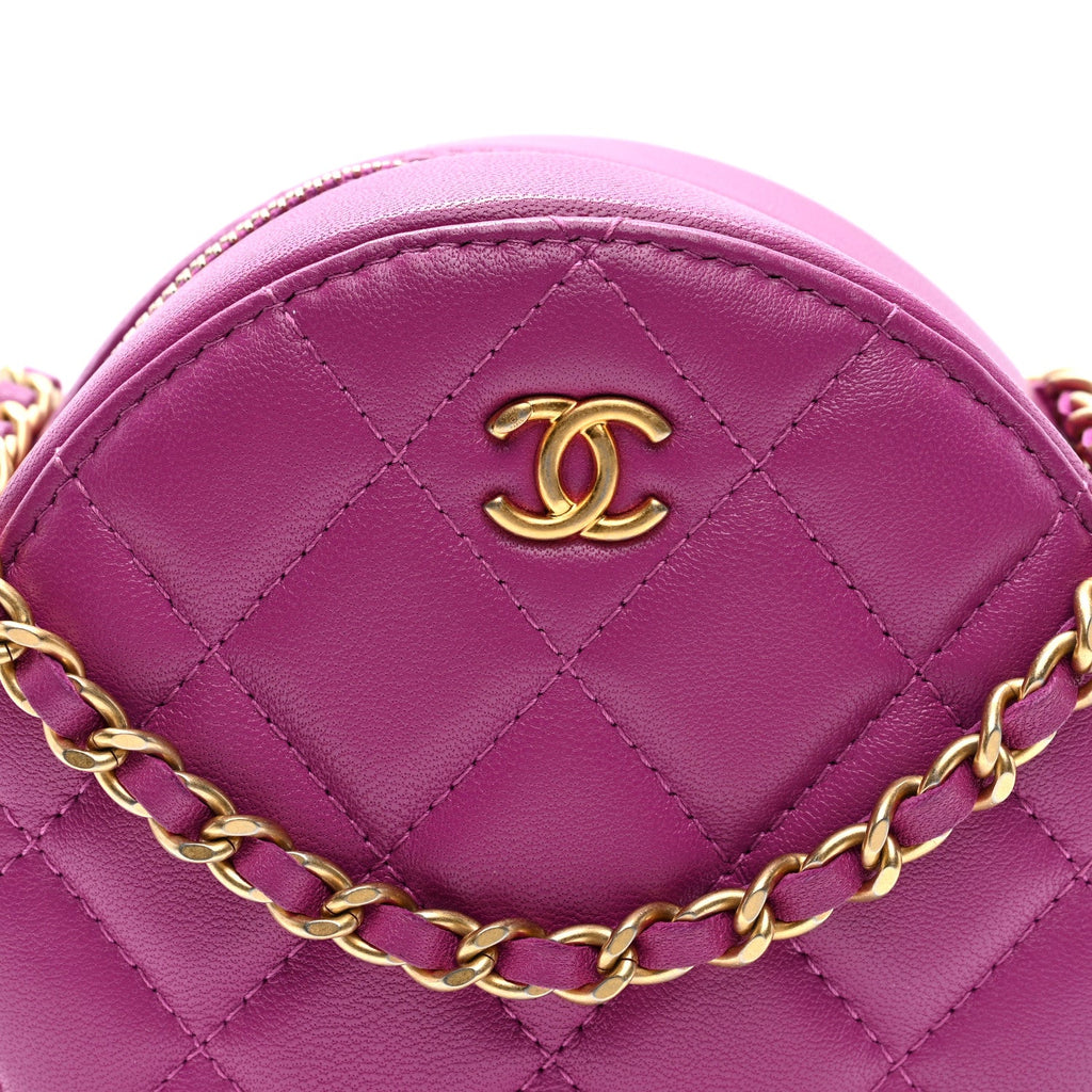 Lambskin Quilted Round Pearl Crush Clutch With Chain Purple