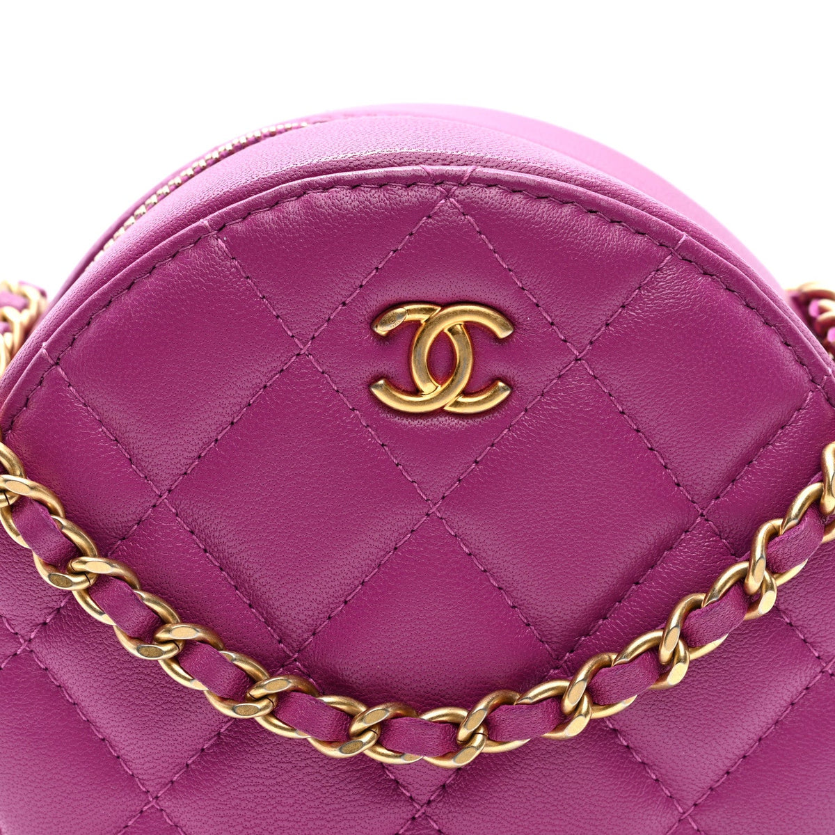 Lambskin Quilted Round Pearl Crush Clutch With Chain Purple