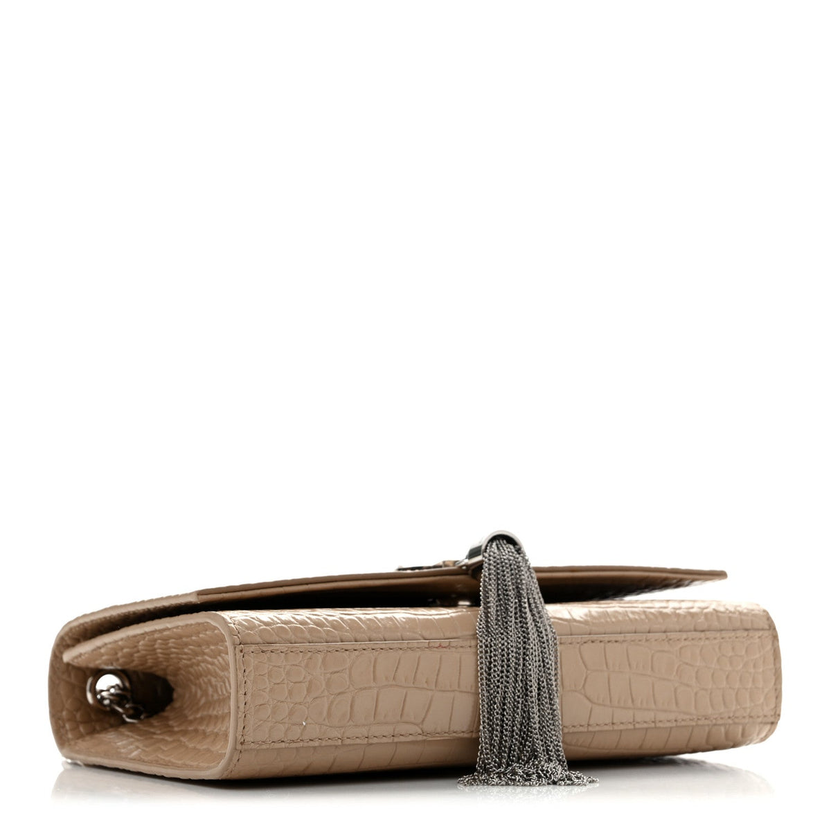 Calfskin Crocodile Embossed Small Classic Monogram Kate Tassel Satchel Beige