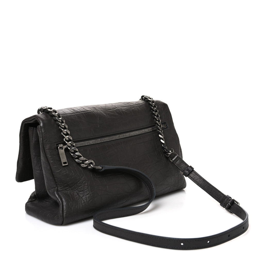 Calfskin Crocodile Embossed West Hollywood Monogram Fold-Over Dark Brown
