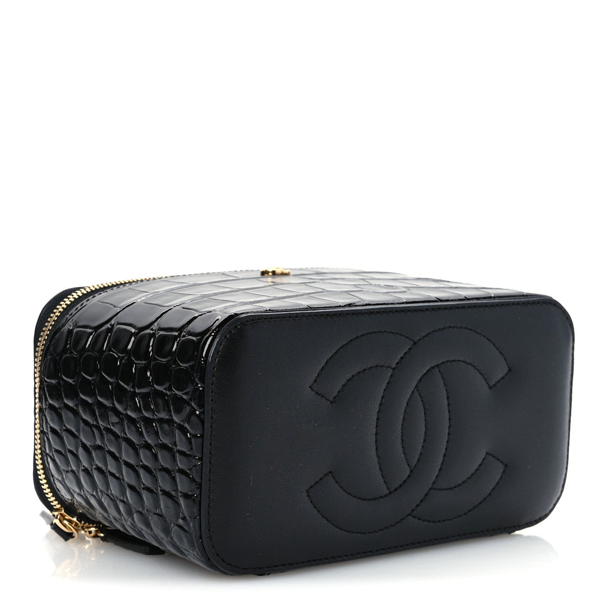 Calfskin Crocodile Embossed Crococo Small Top Handle Vanity Case With Chain Black