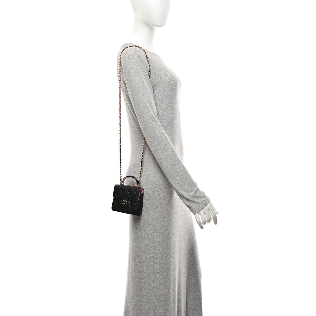 Lambskin Quilted Bi-Color Top Handle Clutch With Chain Black Pink