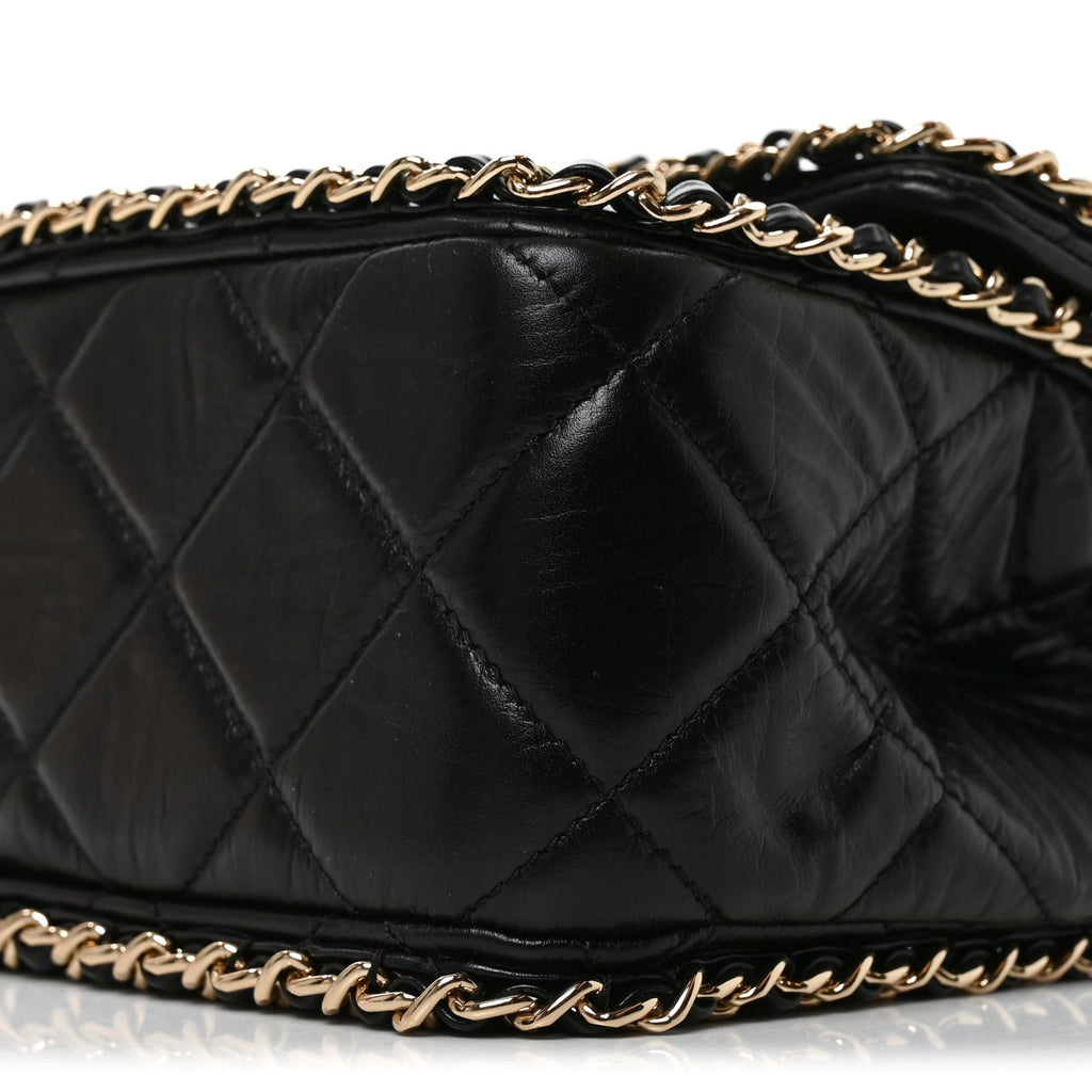 Crumpled Calfskin Medium Chain All Over Flap Black