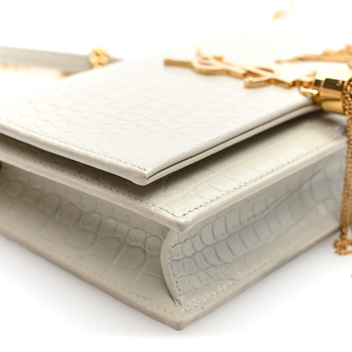 Calfskin Crocodile Embossed Kate Monogram Tassel Chain Wallet Crema Soft