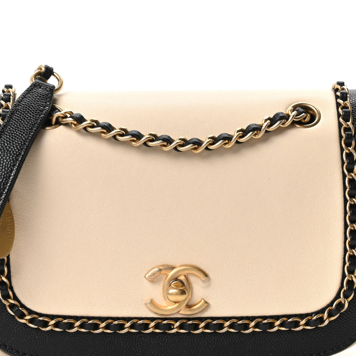 Lambskin Caviar Lovely Chains Flap Shoulder Bag Ivory Black