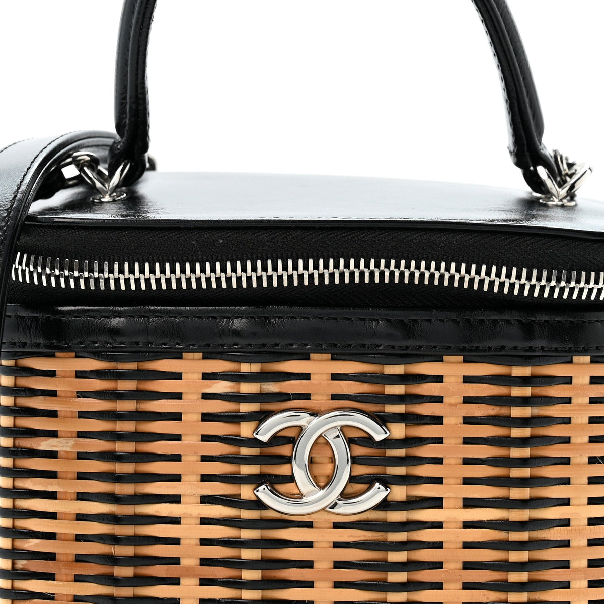 Calfskin Raffia Small Vanity Case Bag Black Beige