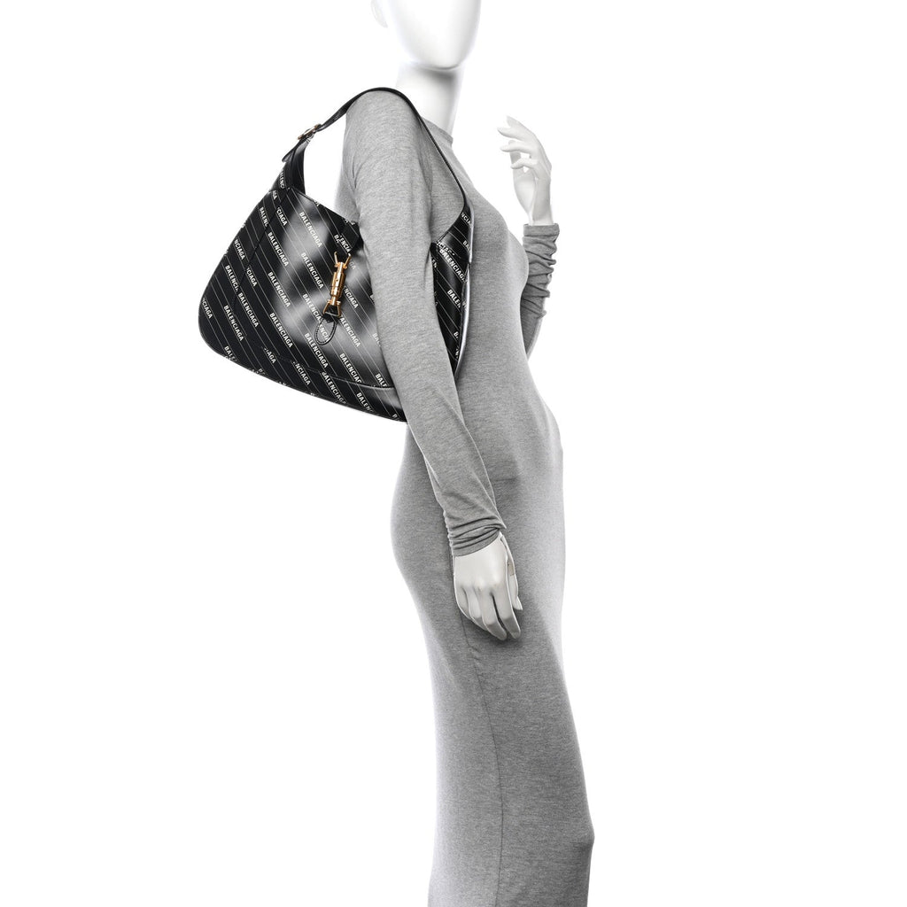 X BALENCIAGA Calfskin Logo Print Medium Jackie 1961 Hobo Black