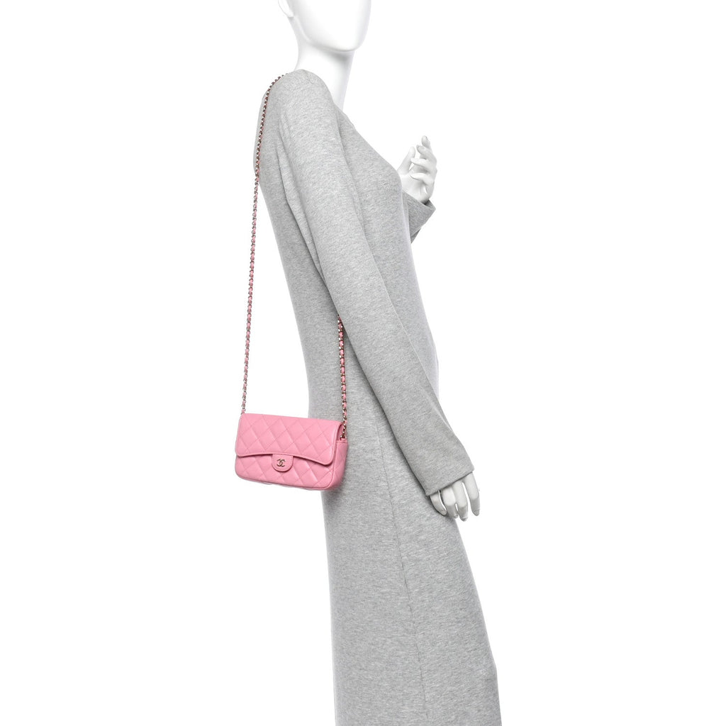 Lambskin Quilted Flap Phone Holder With Chain Pink