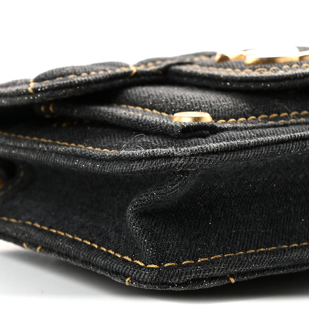 Denim Quilted Double You Card Holder On Chain Black Golden