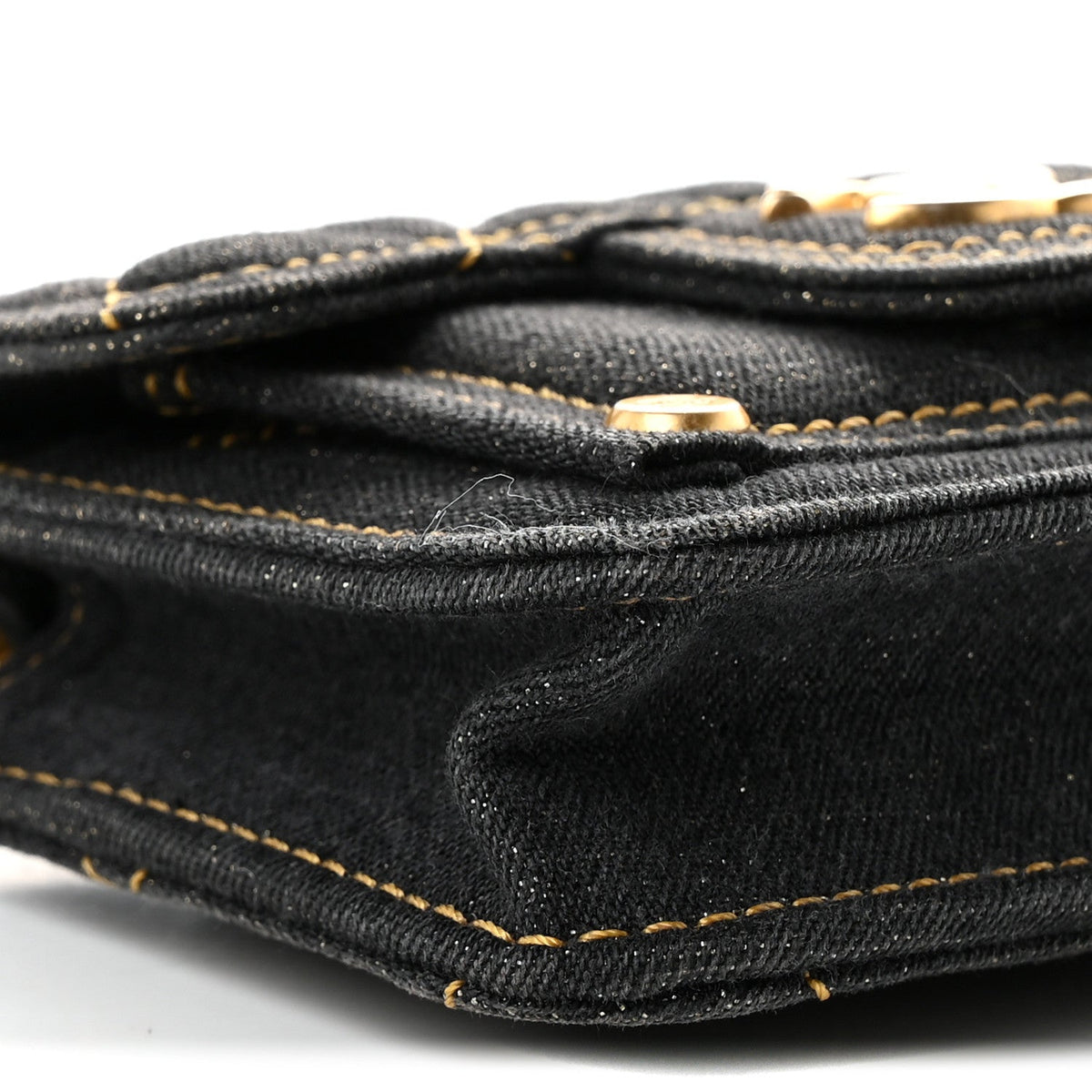 Denim Quilted Double You Card Holder On Chain Black Golden