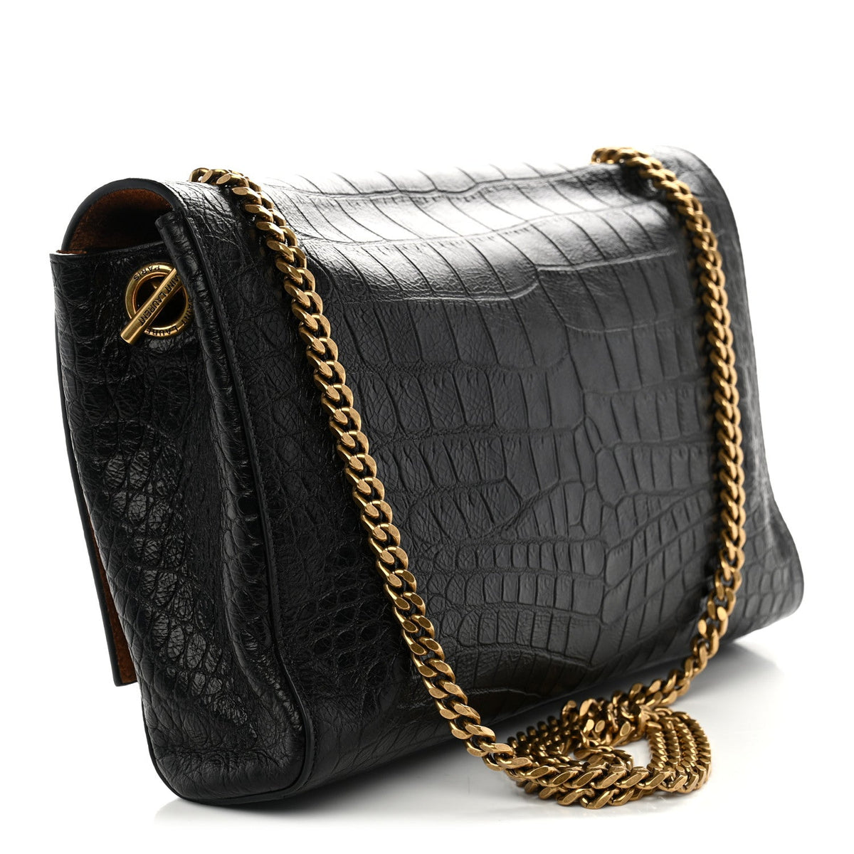 Calfskin Crocodile Embossed Suede Medium Reversible Monogram Kate Satchel Military Taupe