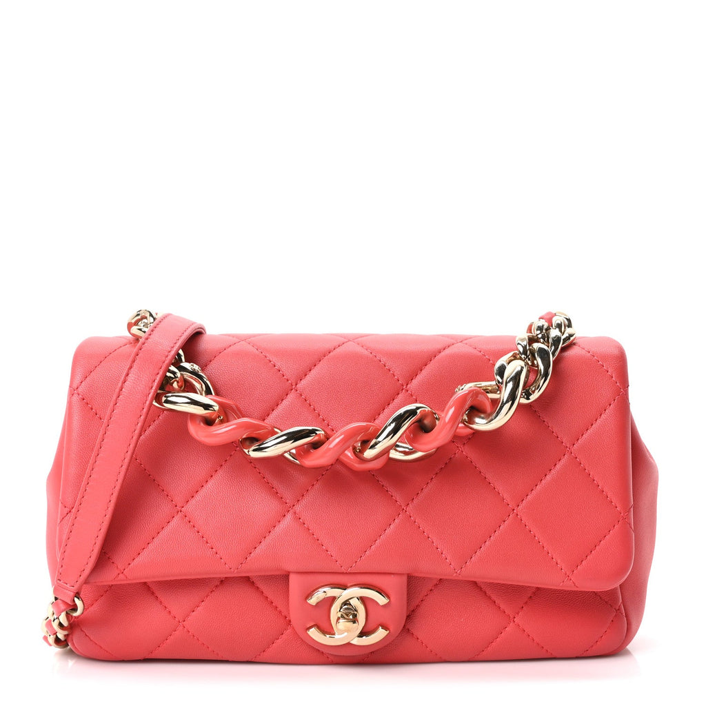 Lambskin Quilted Resin Bi-Color Chain Flap Bag Red