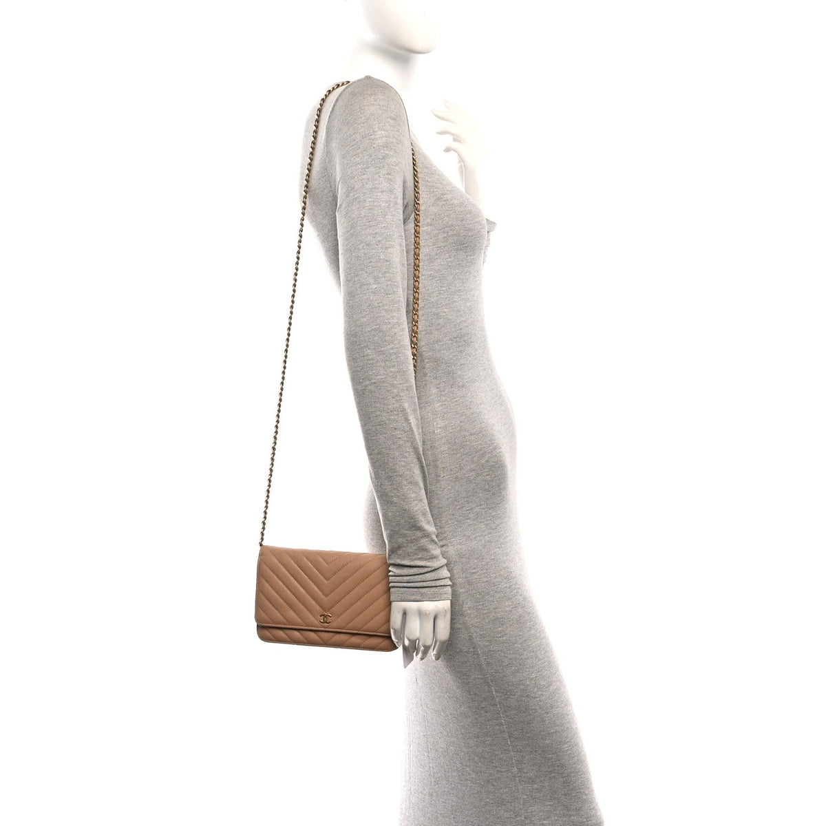 Calfskin Chevron Quilted Wallet On Chain WOC Beige