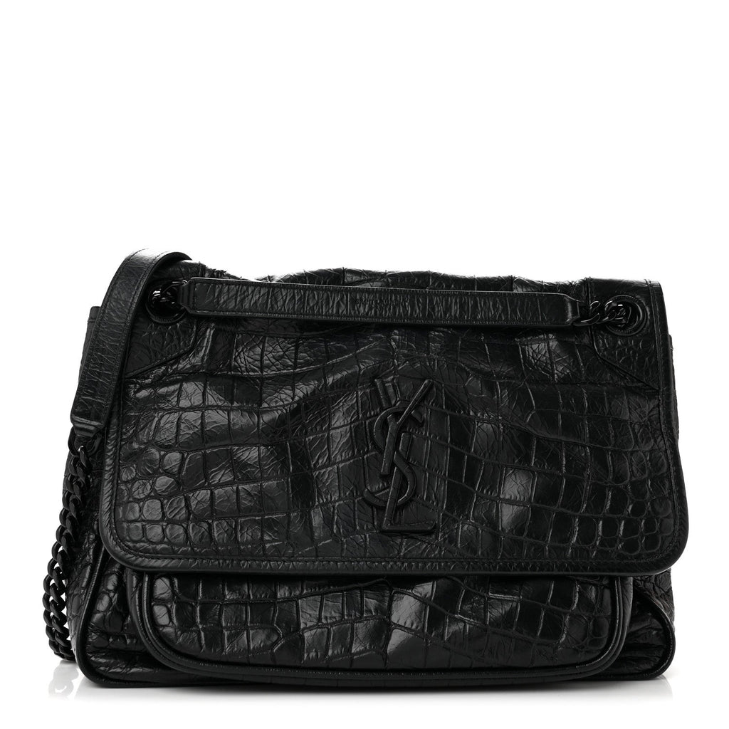 Crocodile Embossed Lambskin Monogram Medium Niki Chain Satchel Black