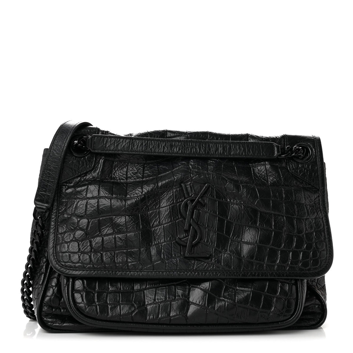 Crocodile Embossed Lambskin Monogram Medium Niki Chain Satchel Black