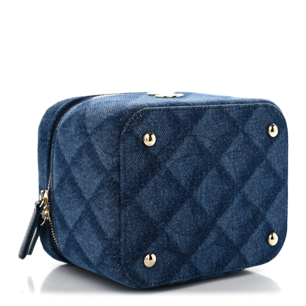 Printed Denim Quilted Mini Top Handle Vanity Case With Chain Dark Blue