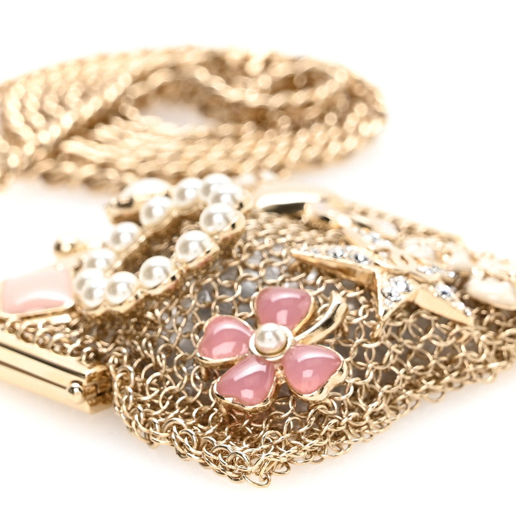 Metal Pearl Enamel Kiss Lock Chain Mail Charm Clutch Gold