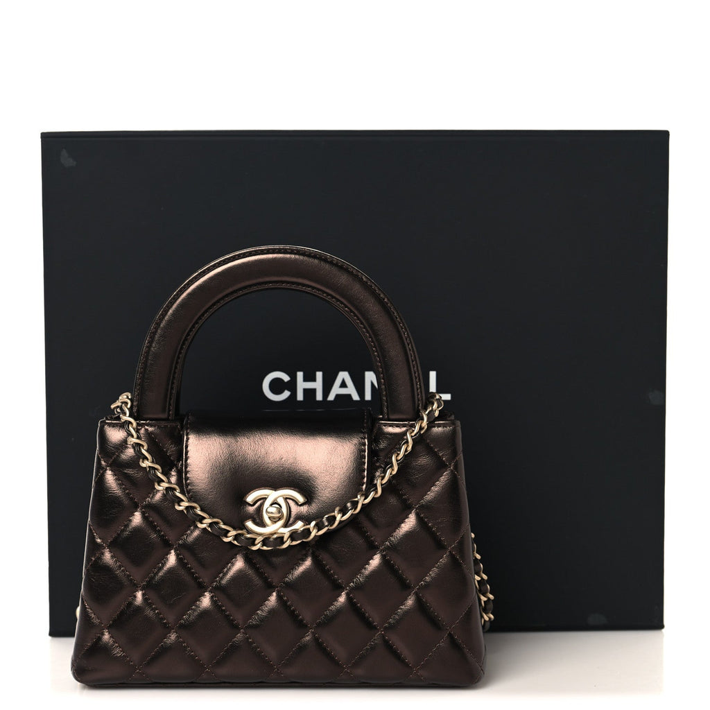 Metallic Aged Calfskin Quilted Nano Kelly Shopper Dark Brown