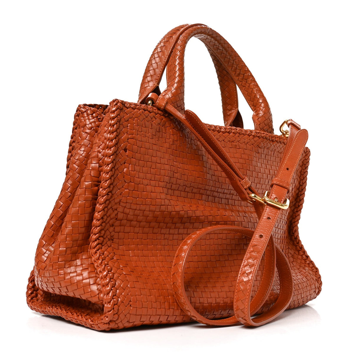 Goatskin Woven Small Tote Cognac
