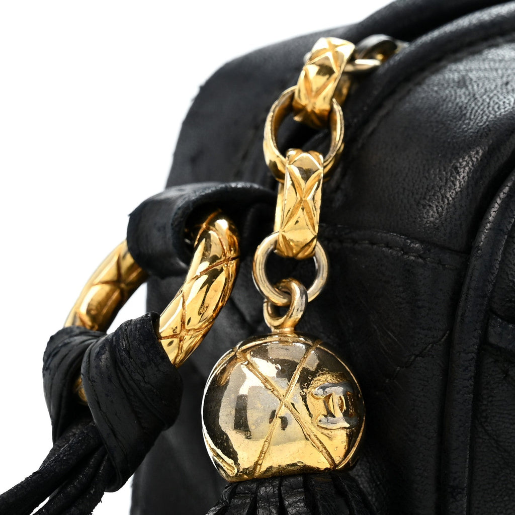 Lambskin Chevron Quilted Tassel Camera Case Black
