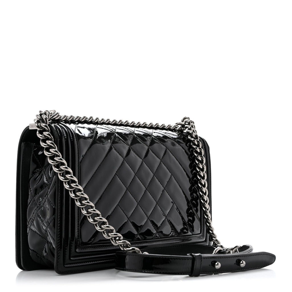 Patent Chevron Quilted New Medium Boy Flap Black