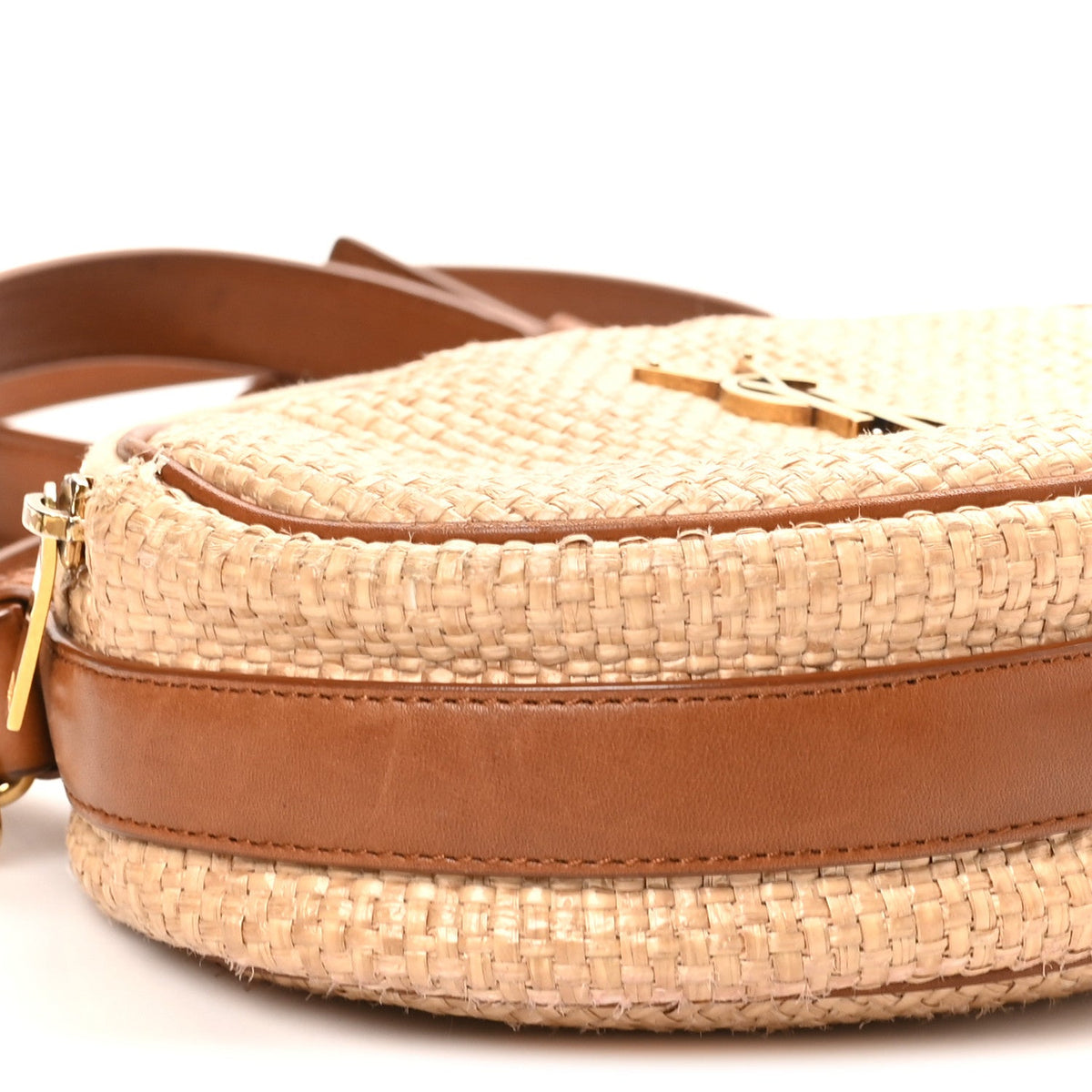 Raffia Calfskin Round Camera Bag Golden Ecru Brick
