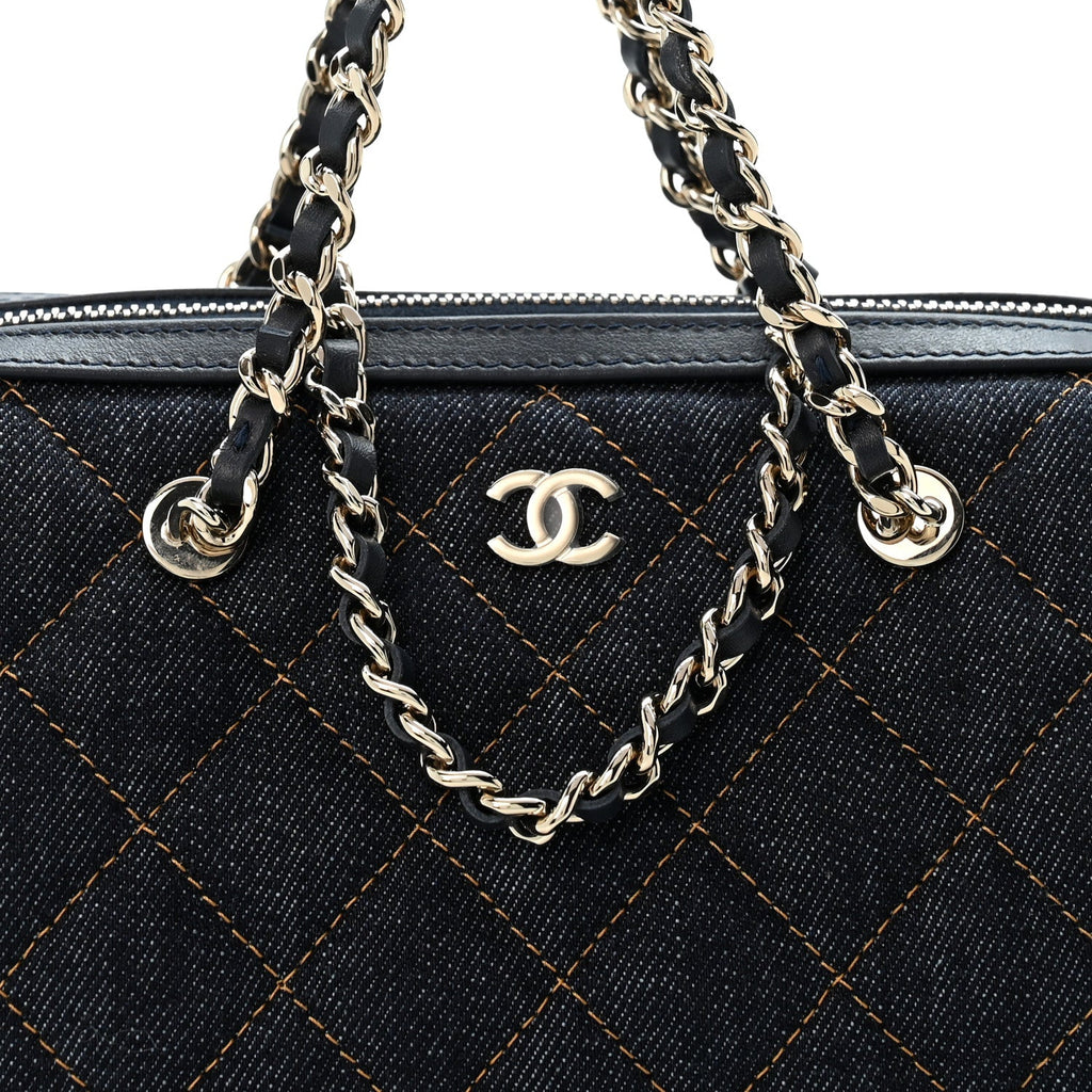Denim Quilted Barrel Clutch With Chain Dark Blue Orange
