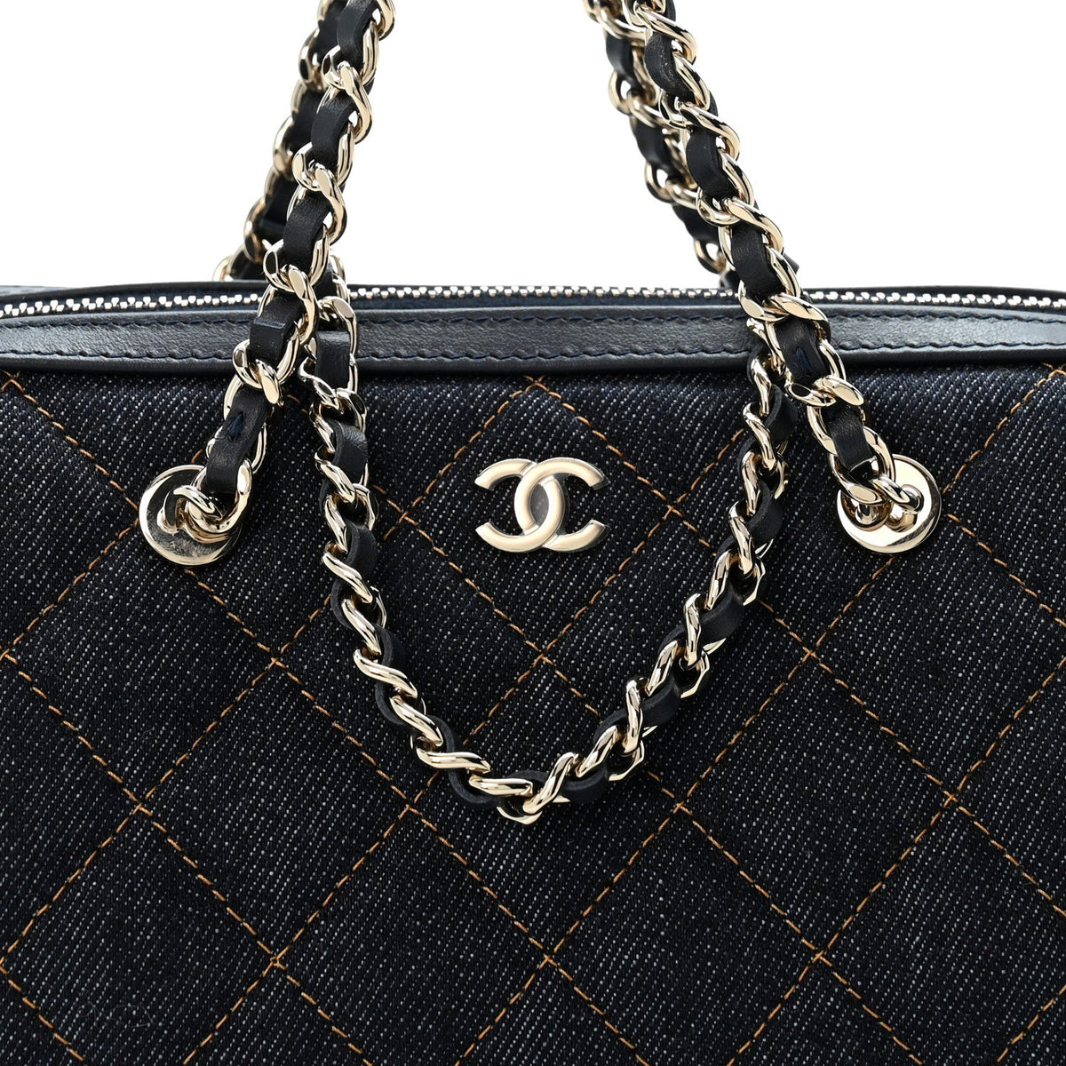 Denim Quilted Barrel Clutch With Chain Dark Blue Orange