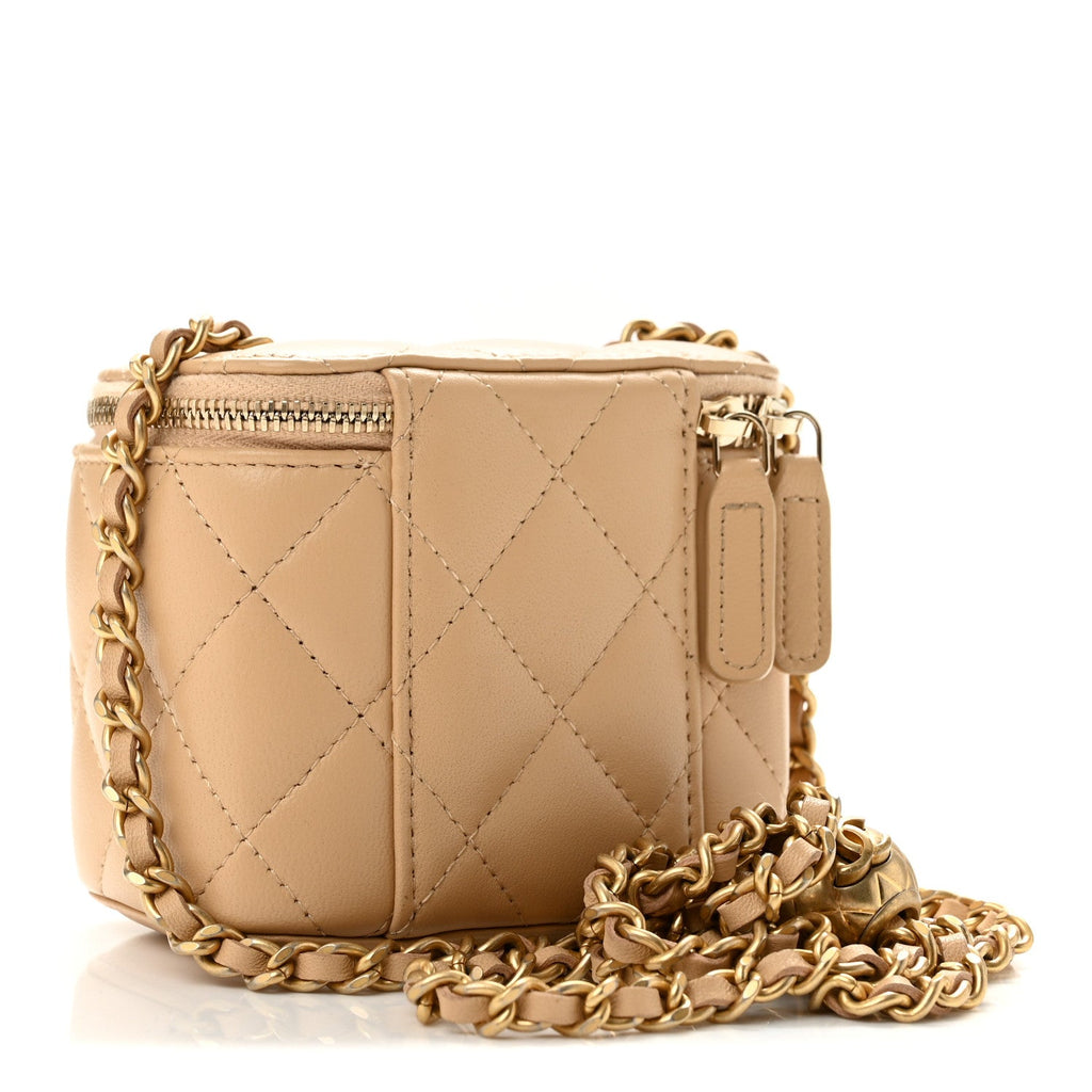 Lambskin Quilted Pearl Crush Mini Vanity Case With Chain Beige