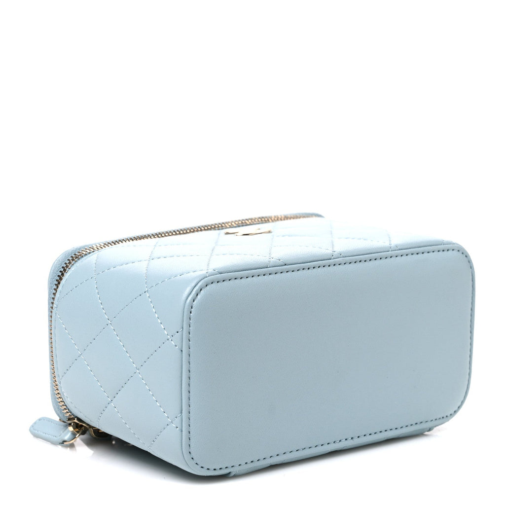 Lambskin Quilted Small Top Handle Vanity Case With Chain Light Blue