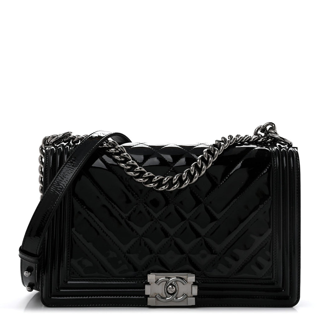 Patent Chevron Quilted New Medium Boy Flap Black