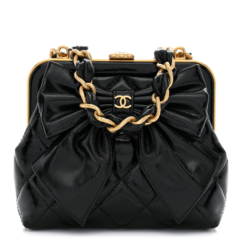 Patent Crumpled Lambskin Quilted Maxi Bow Clutch With Chain Black