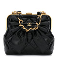 Patent Crumpled Lambskin Quilted Maxi Bow Clutch With Chain Black