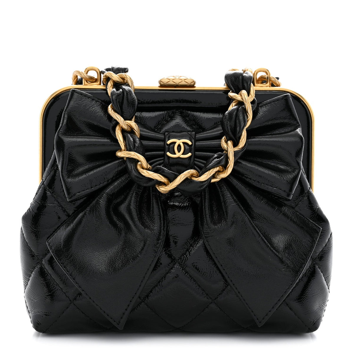 Patent Crumpled Lambskin Quilted Maxi Bow Clutch With Chain Black