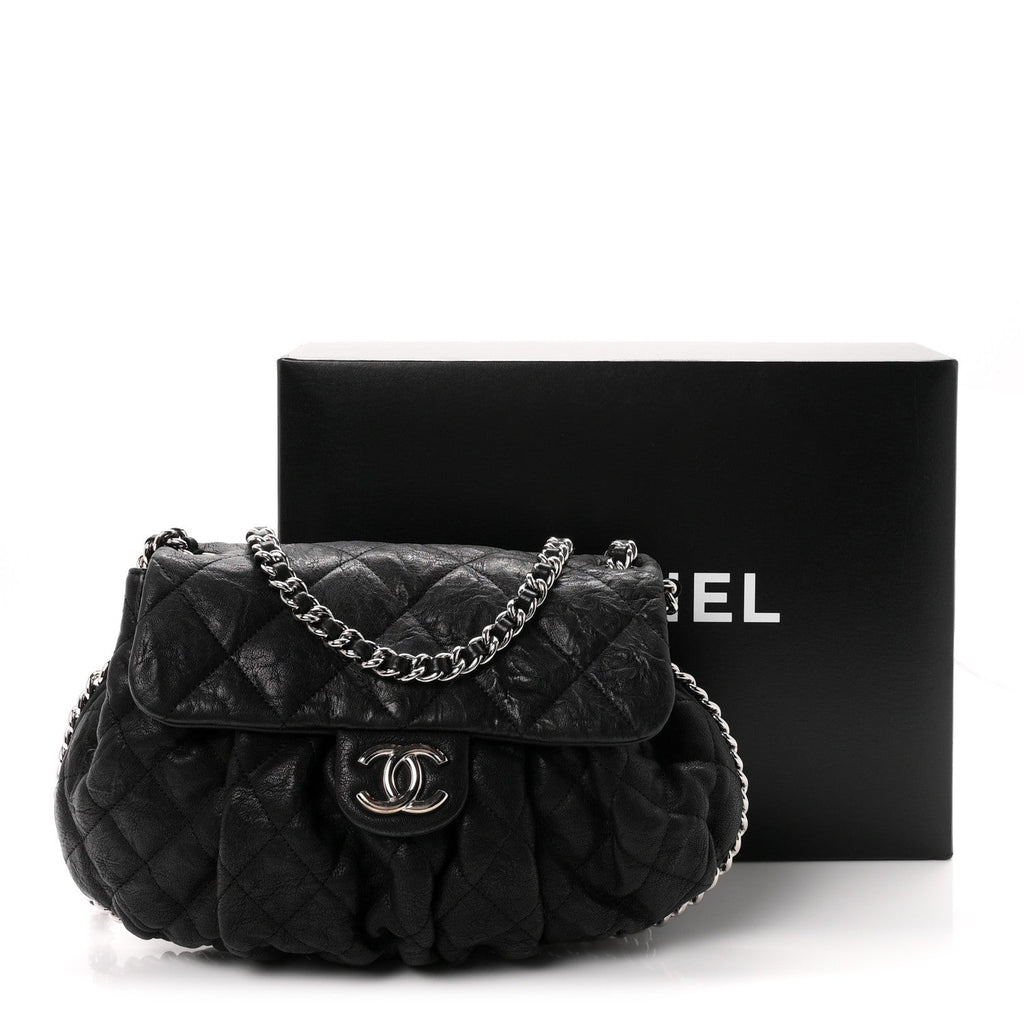 Washed Lambskin Quilted Medium Chain Around Messenger Black