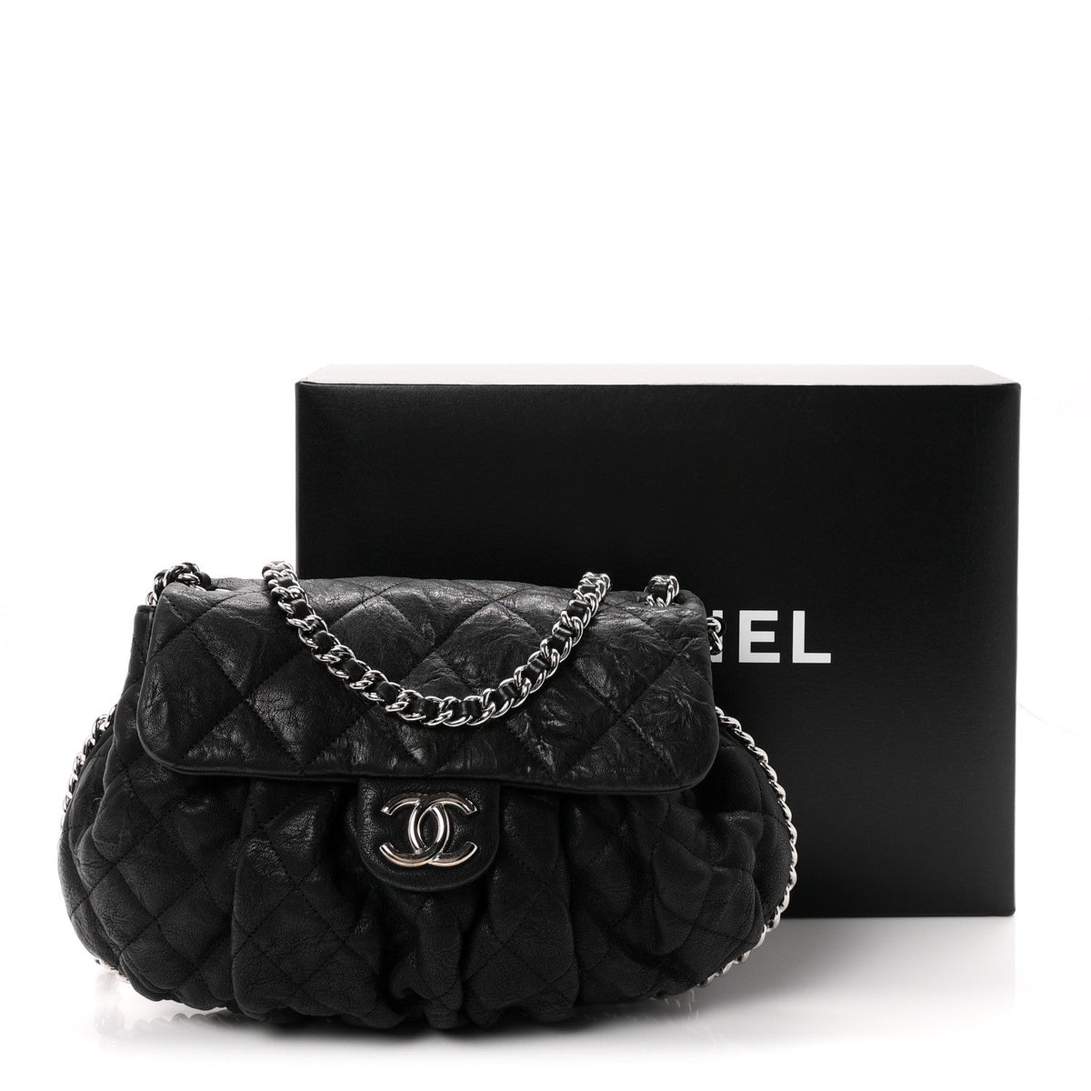Washed Lambskin Quilted Medium Chain Around Messenger Black