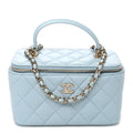 Lambskin Quilted Small Top Handle Vanity Case With Chain Light Blue