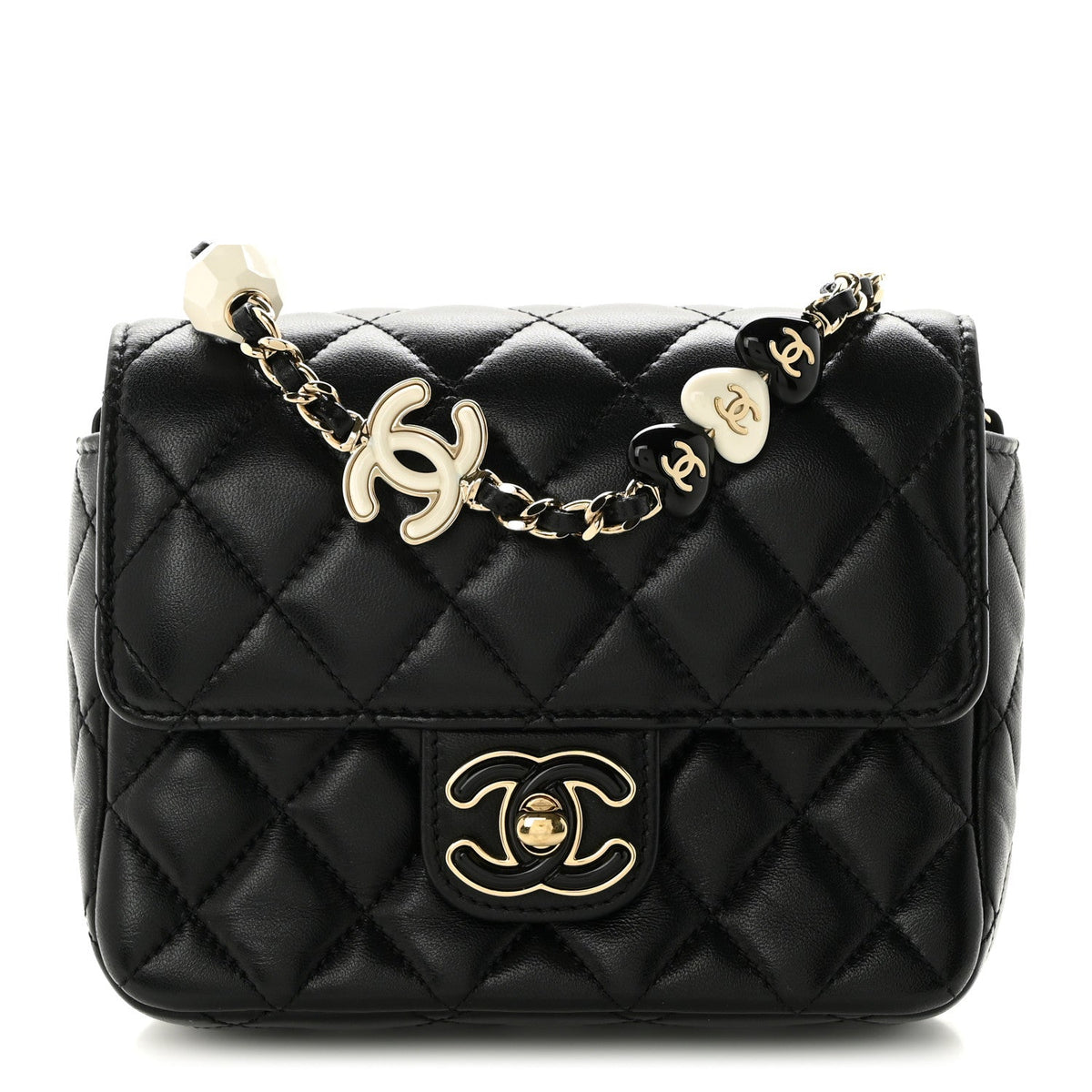 Lambskin Resin Quilted Mini Heart Square Flap Black