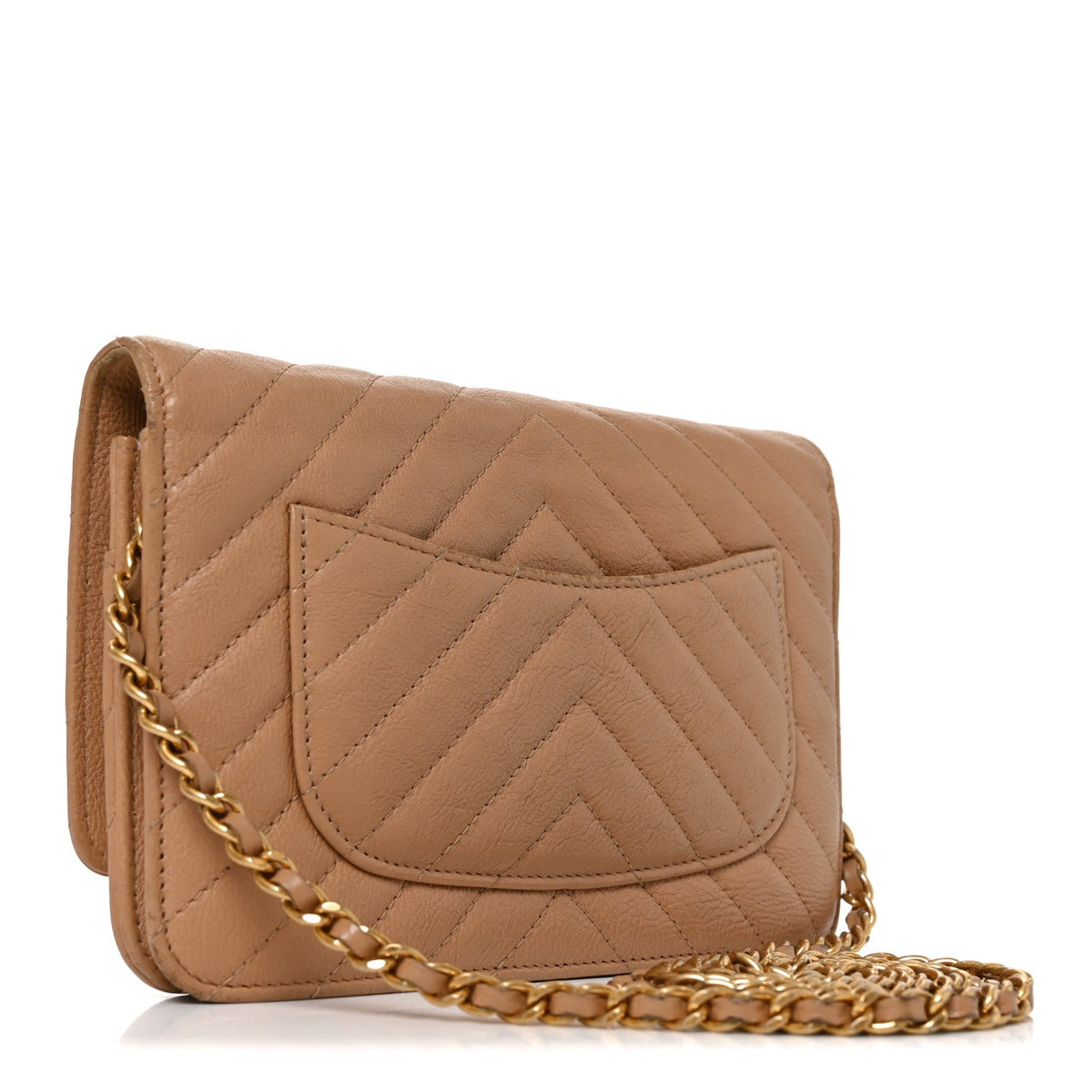 Calfskin Chevron Quilted Wallet On Chain WOC Beige