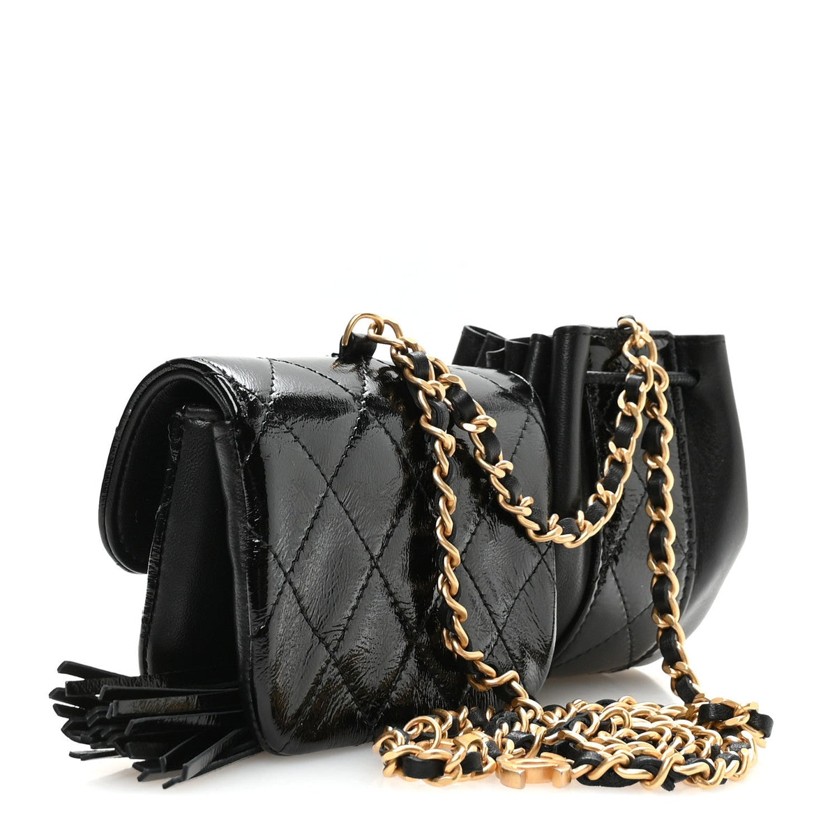 Crumpled Patent Lambskin Quilted Tassel Clutch With Chain Black