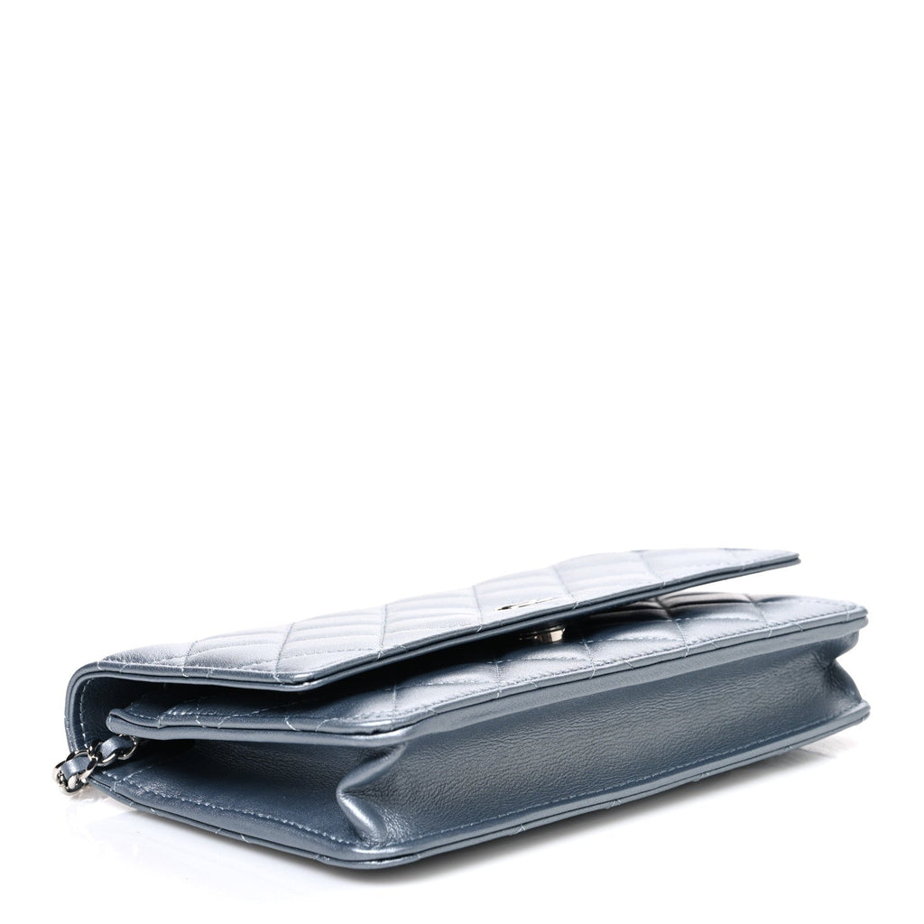 Metallic Lambskin Quilted Wallet On Chain WOC Silver