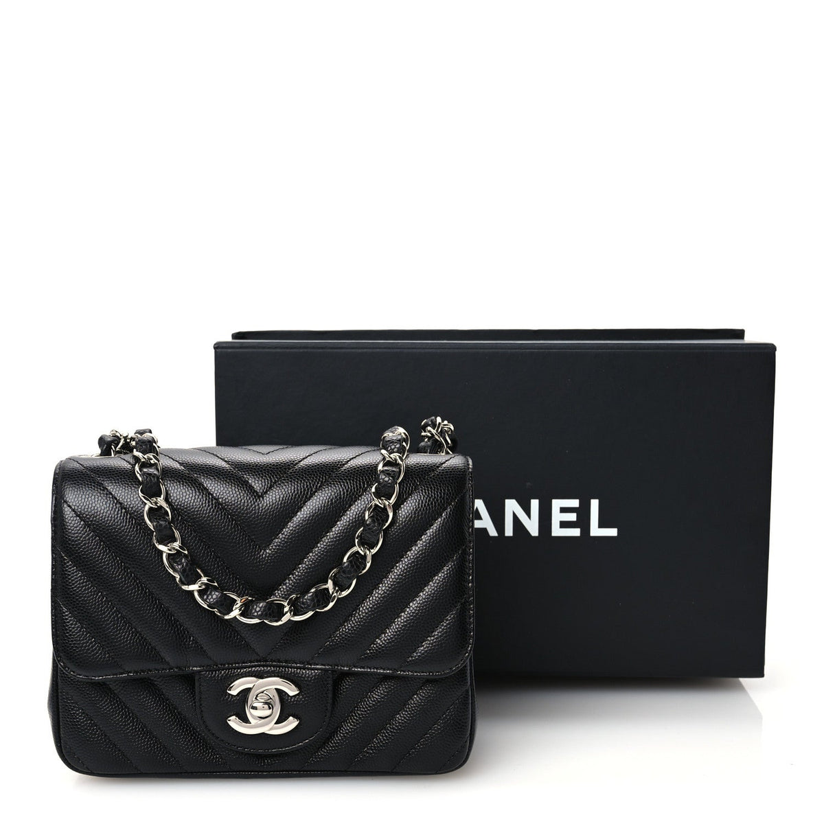 Caviar Chevron Quilted Mini Square Flap Black